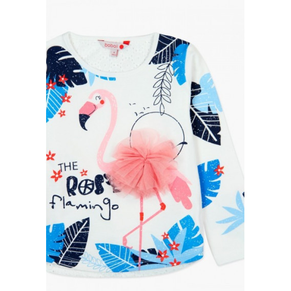 Памучна бяла блуза с дълъг ръкав и принт в синьо и красива апликация на фламинго с 3D част за момиче Boboli 64826 3