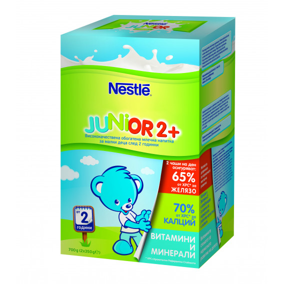 Обогатена млечна напитка Nestle Junior, 2+ години, кутия 2 х 350 гр. зелена кутия за бебета Nestle 72999 