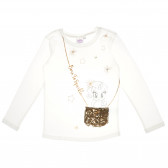 Бяла памучна блуза с апликация имитираща чантичка с дълъг ръкав за момиче Cool club 80752 