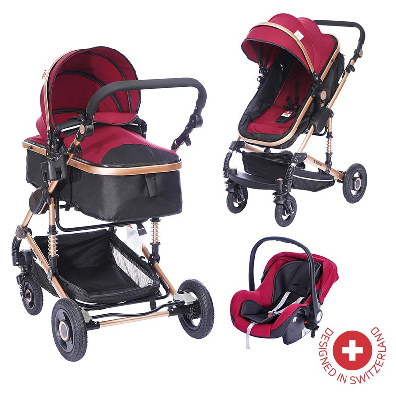 Комбинирана детска количка FONTANA 3 в 1 с швейцарска конструкция и дизайн, червена  81878