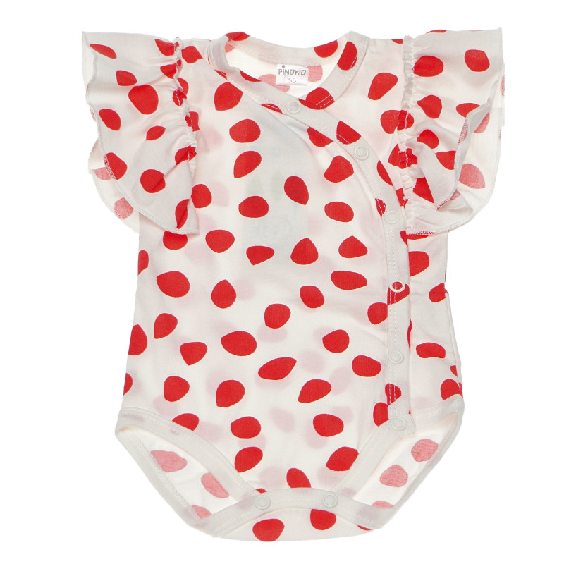 Памучно боди с къс ръкав за бебе момиче  на червени точки и с къдрички на ръкавите,  многоцветно  94476