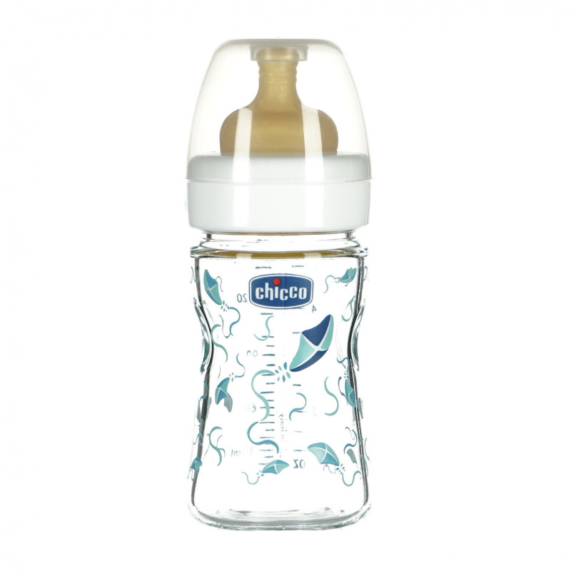 Стъклено шише за хранене, с биберон 1 капка, 0+ месеца, 150 мл, цвят: син  95759