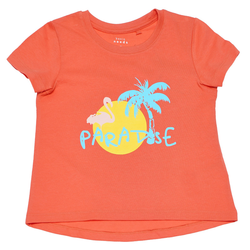 Памучна блуза в оранжев цвят с надпис PARADISE с къс ръкав за момиче  96599