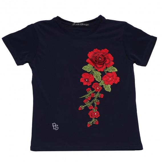 Тъмносиня блуза с къс ръкав и щампа на рози за момиче Picolla Speranza 96682 