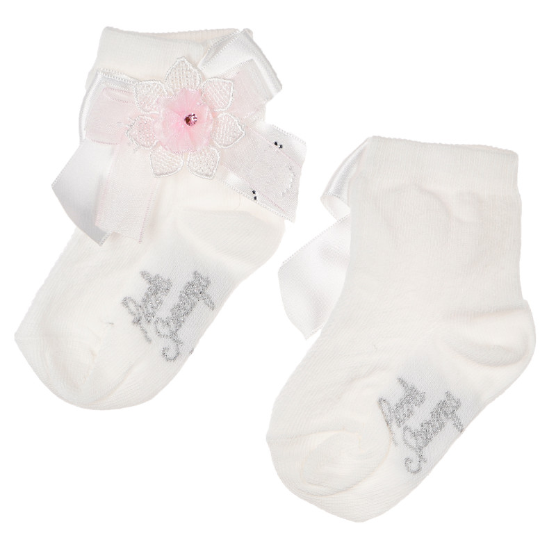 Чорапи за бебе момиче декорирани с голяма панделка, нежно цвете в розово с бяло  96763