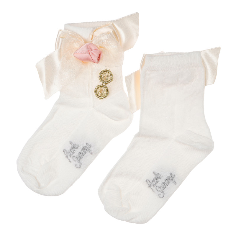 Чорапи за момиче с деликатна панделка в розово, ръчно изработени цветя в цвят сьомга и златисто  96785