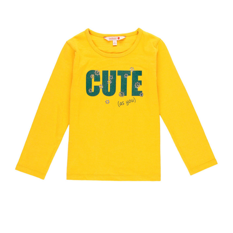 Жълта памучна блуза с дълъг ръкав за момиче с графичен принт "Cute as you"  99243