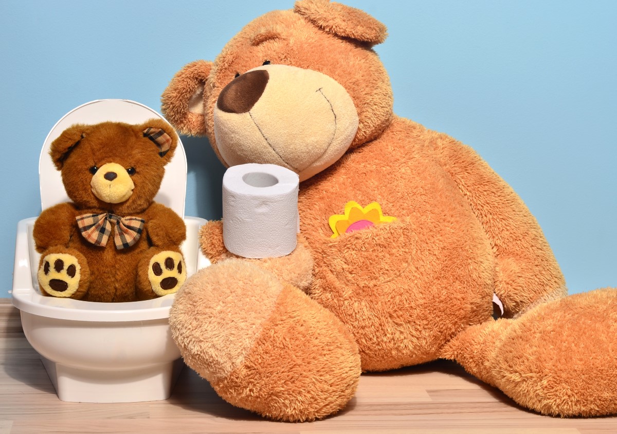 Small,teddy,bear,sitting,on,the,potty,and,playing,with