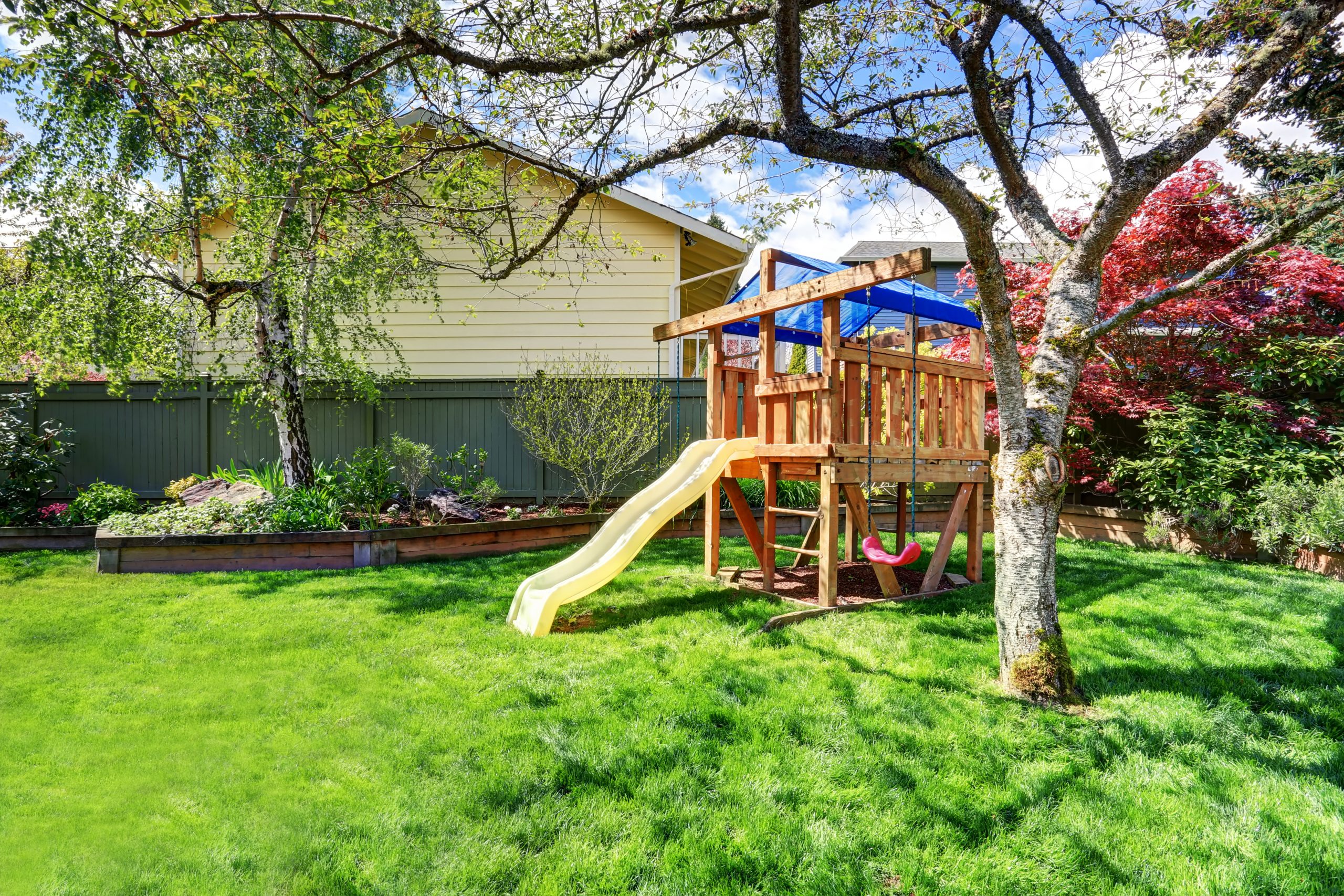 view,of,kids,playground,in,green,backyard,garden,with,birch